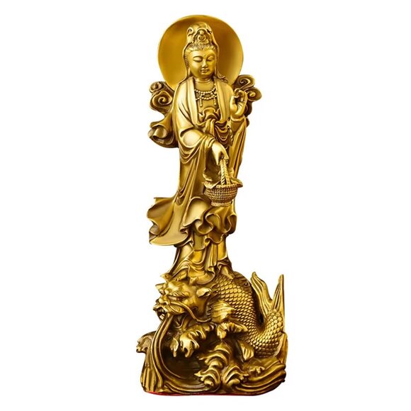 GUAN-YIN Riding a Dragon Fish BUDDHA STATUE Copper 9in Golden Metal Boddhisattva - Picture 9 of 10
